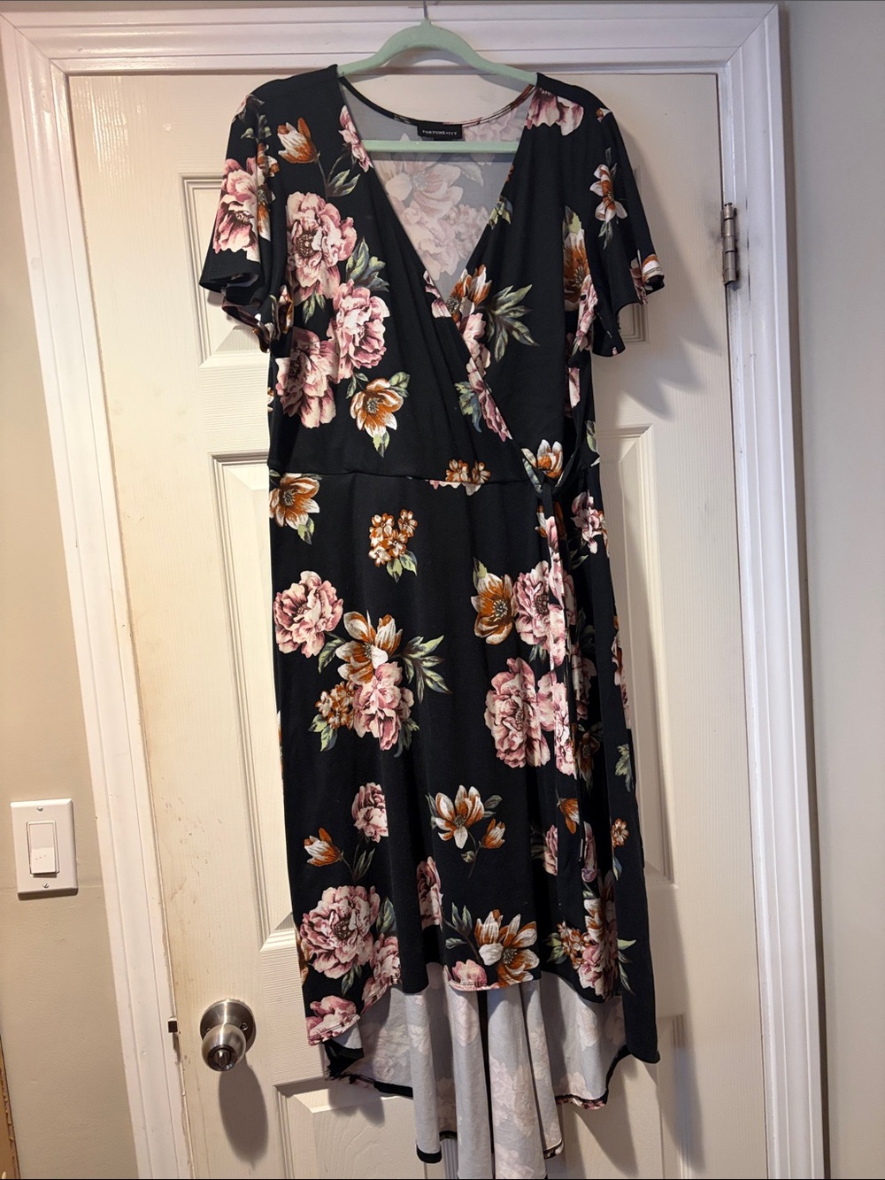High-Low Floral Wrap Dress in Black with Pink Blooms 1X